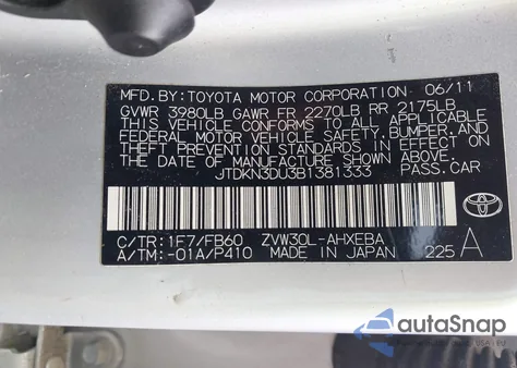 2011 Toyota Prius Two z USA, uszkodzony, nr VIN JTDKN3DU3B1381333